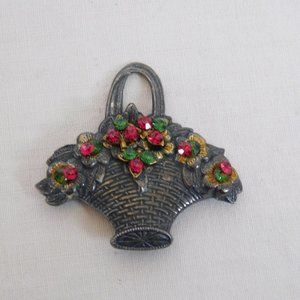 Basket Shaped Pin Brooch Dark Silver Tone Flowers Leaves Red Green Rhinestones